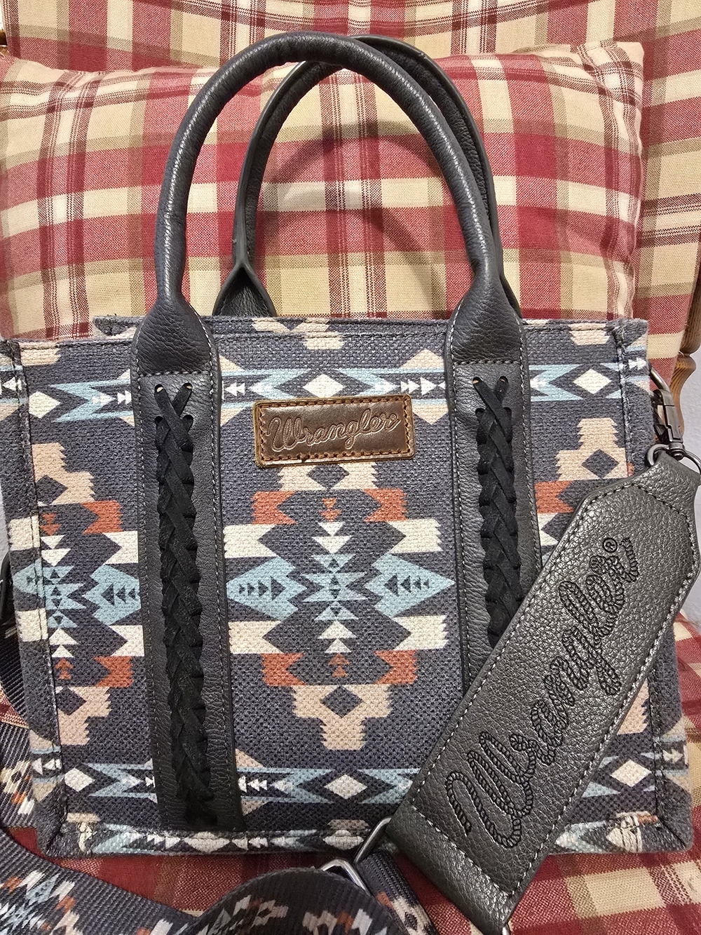Wrangler Navy Aztec Satchel with Leather Trim